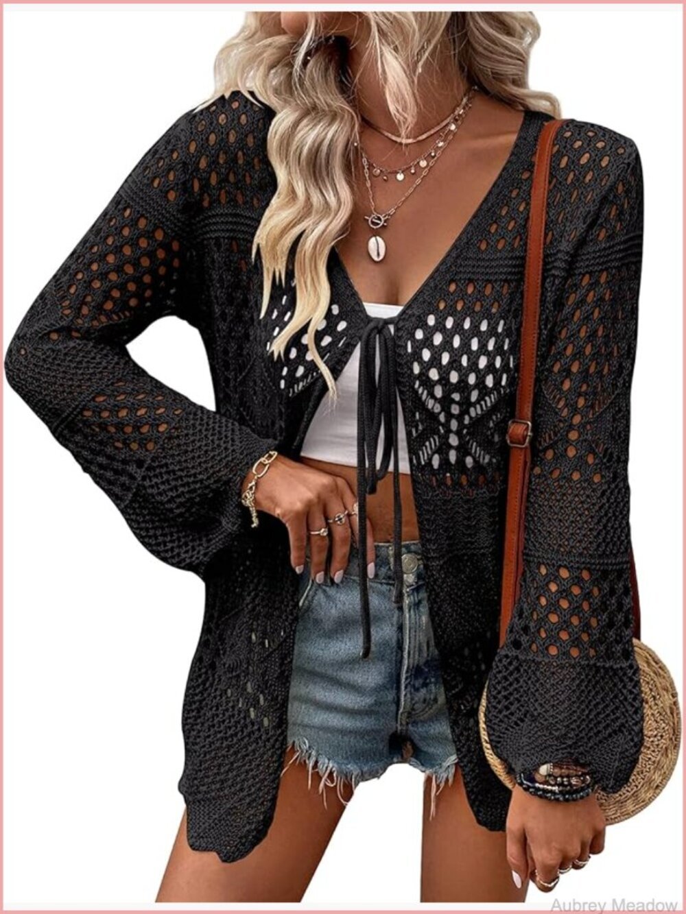 Crochet Cardigan Lightweight Tie Front Long Sleeve Knit Cover Up
